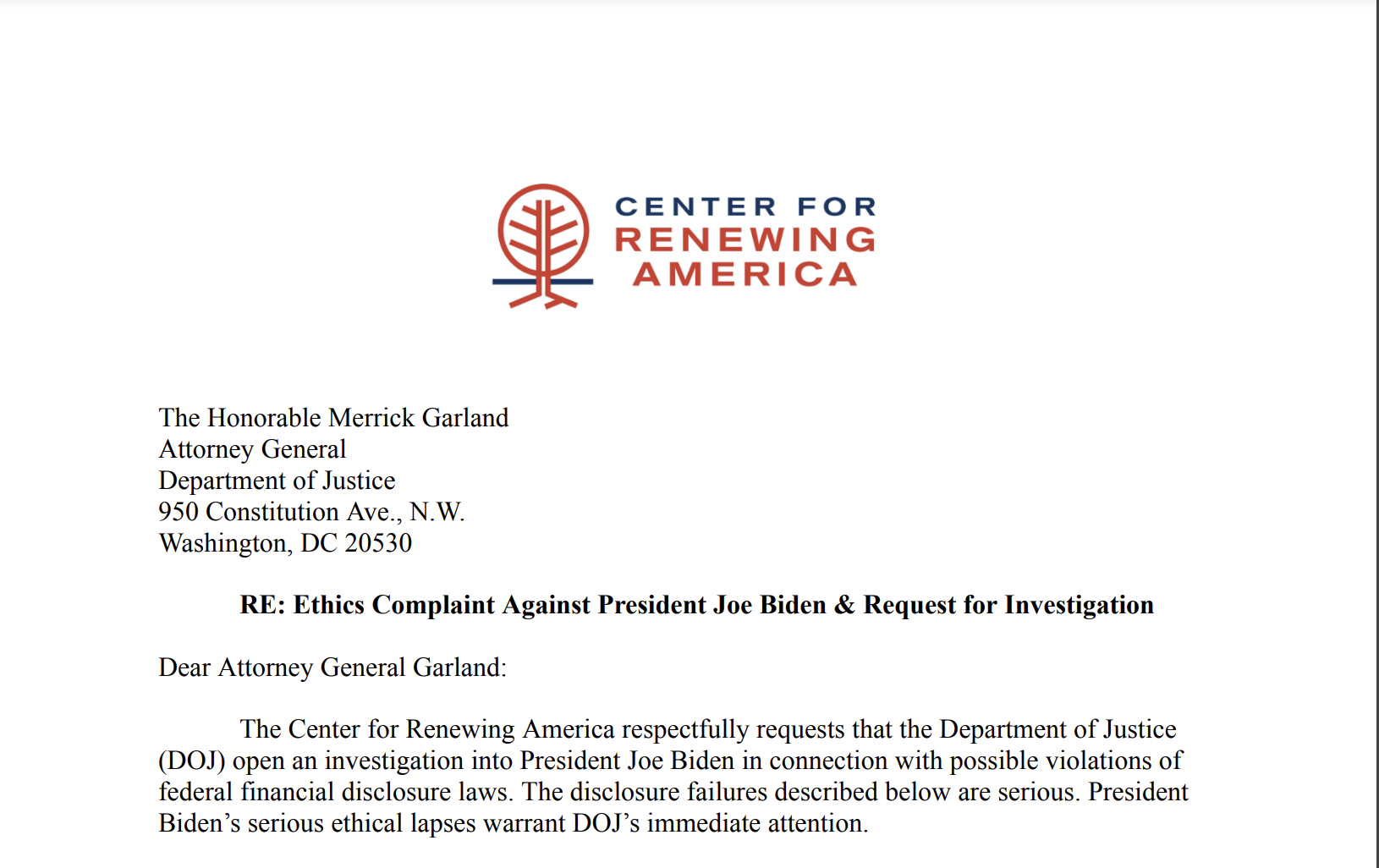 CRA Files Ethics Complaint Against President Biden and Makes Request